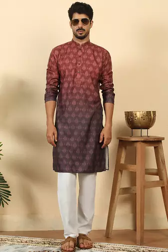 ombre printed mandarin collar straight maroon kurta 