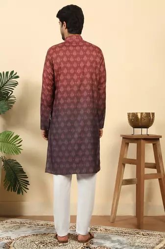 ombre printed mandarin collar straight maroon kurta 
