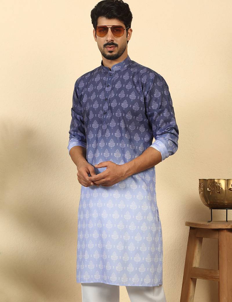 ombre printed mandarin collar straight purple kurta 
