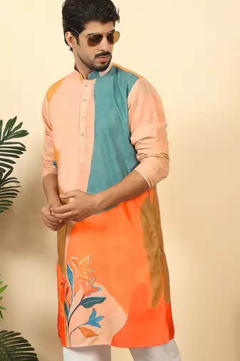 abstract printed mandarin collar long sleeve straight beige kurta