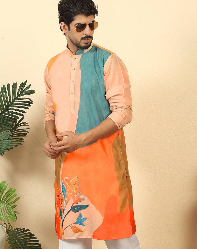 abstract printed mandarin collar long sleeve straight beige kurta