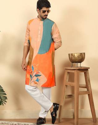 abstract printed mandarin collar long sleeve straight beige kurta 2