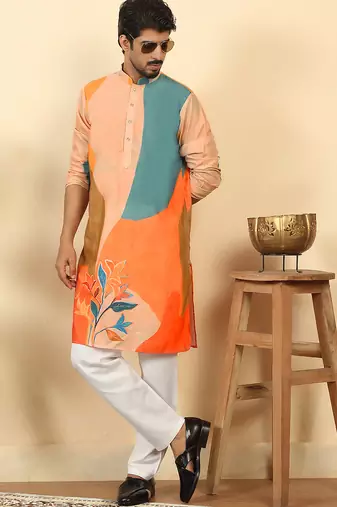 abstract printed mandarin collar long sleeve straight beige kurta