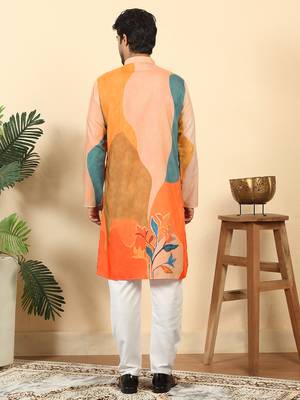 abstract printed mandarin collar long sleeve straight beige kurta 4