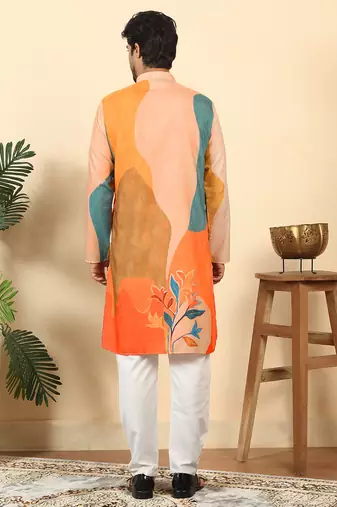 abstract printed mandarin collar long sleeve straight beige kurta