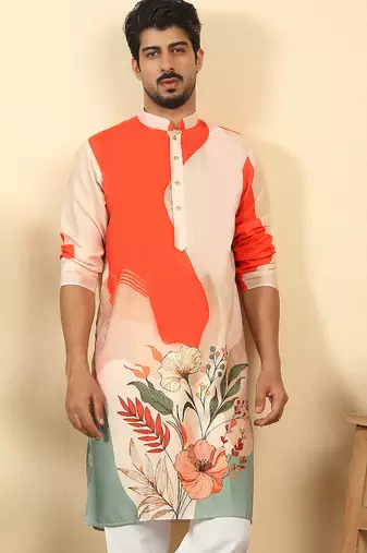 abstract printed mandarin collar long sleeve straight orange kurta