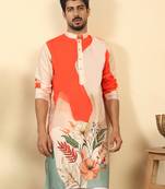 abstract printed mandarin collar long sleeve straight orange kurta