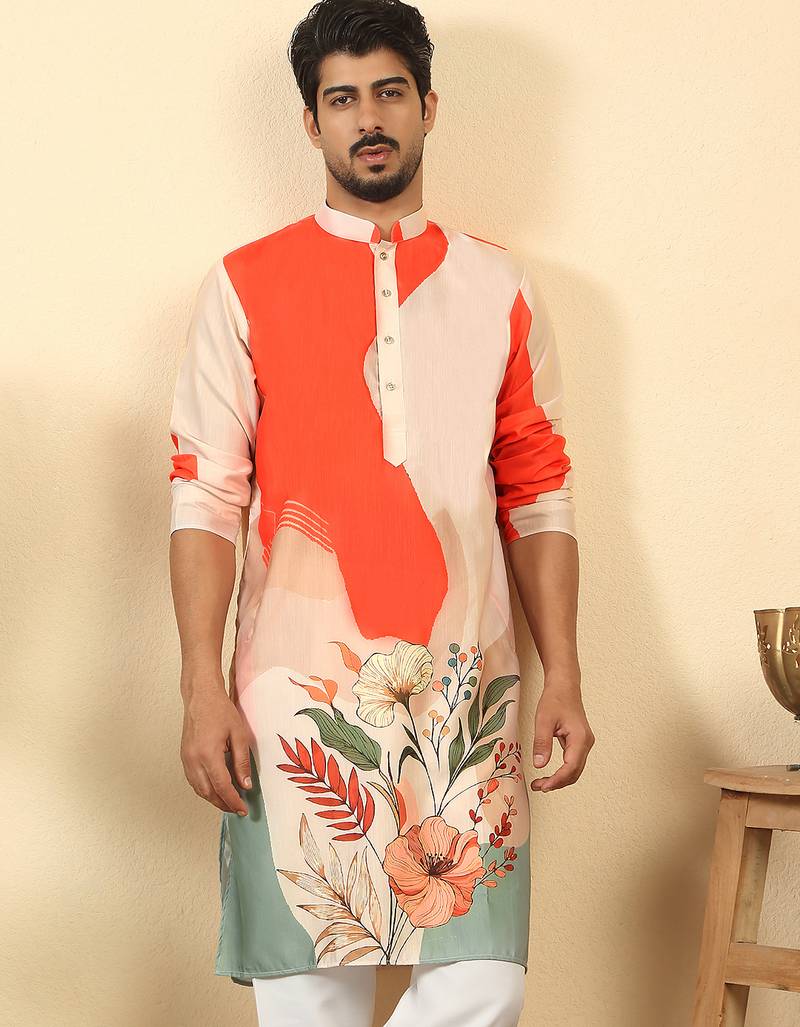 abstract printed mandarin collar long sleeve straight orange kurta