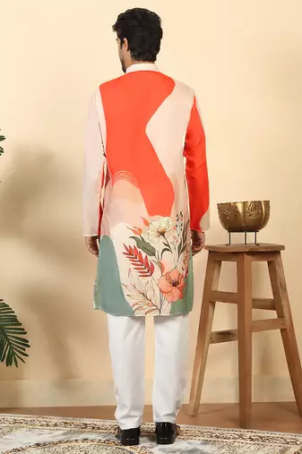 abstract printed mandarin collar long sleeve straight orange kurta