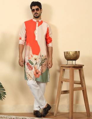 abstract printed mandarin collar long sleeve straight orange kurta 4