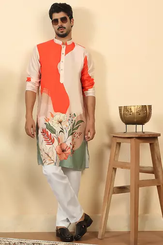 abstract printed mandarin collar long sleeve straight orange kurta