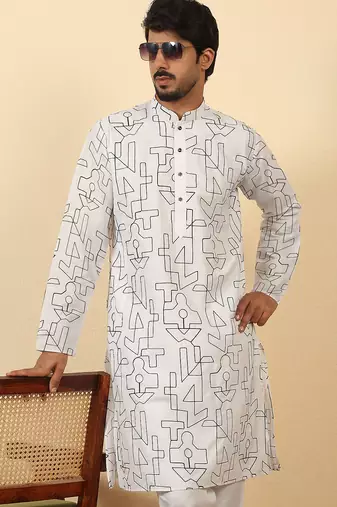 white cotton abstract thread work embroidered kurta