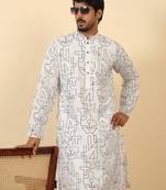 white cotton abstract thread work embroidered kurta