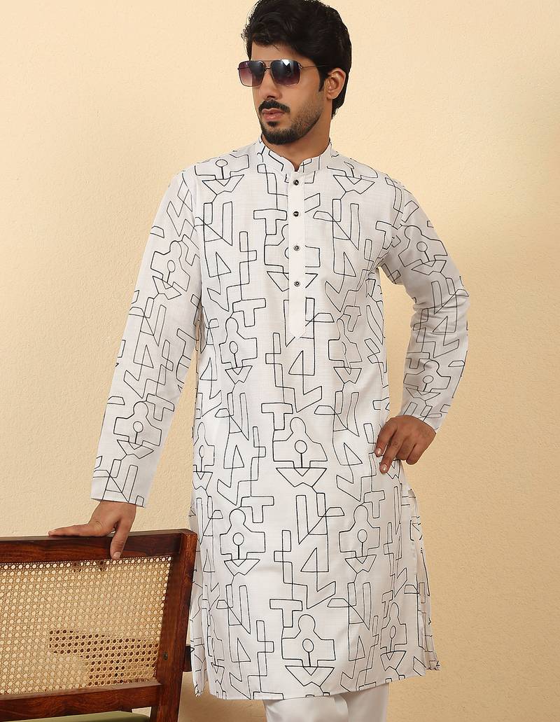 white cotton abstract thread work embroidered kurta