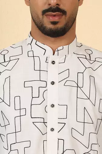 white cotton abstract thread work embroidered kurta