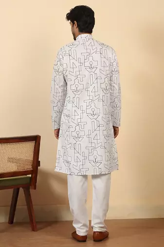 white cotton abstract thread work embroidered kurta