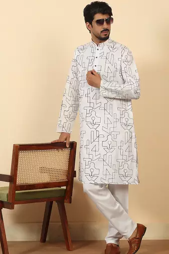 white cotton abstract thread work embroidered kurta