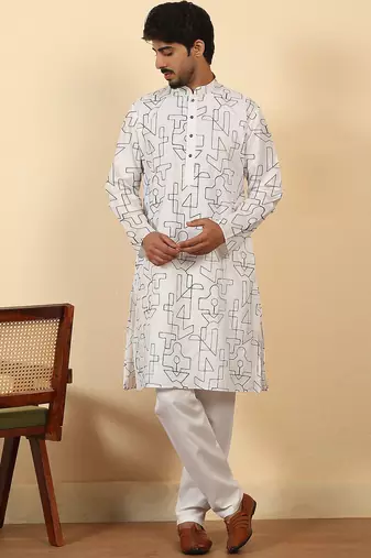 white cotton abstract thread work embroidered kurta