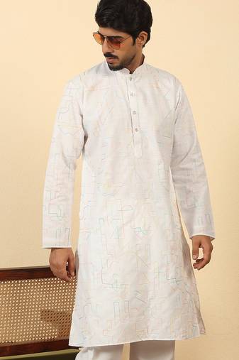 white cotton abstract thread work embroidered kurta