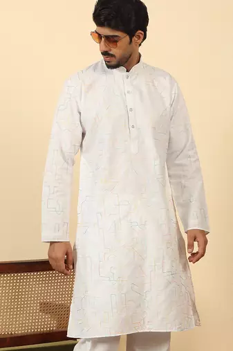 white cotton abstract thread work embroidered kurta