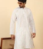 white cotton abstract thread work embroidered kurta
