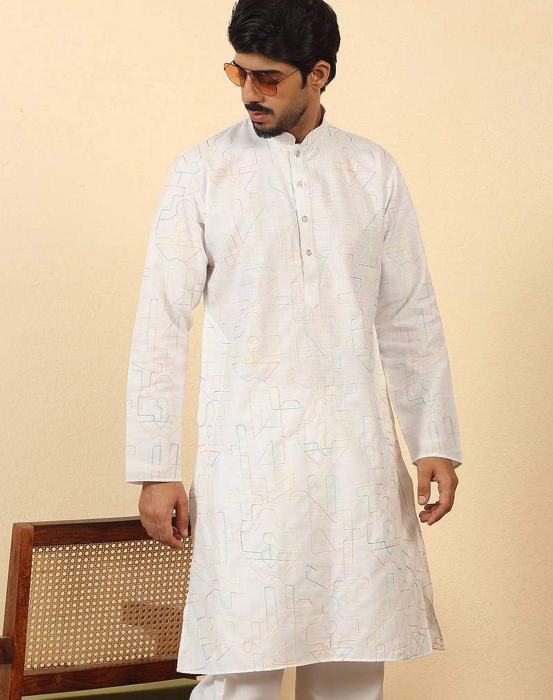 white cotton abstract thread work embroidered kurta