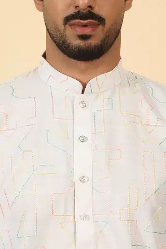 white cotton abstract thread work embroidered kurta
