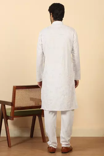 white cotton abstract thread work embroidered kurta