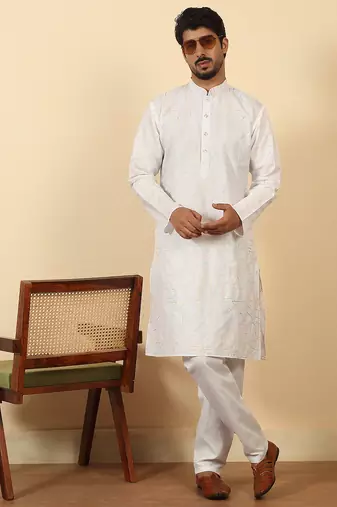 white cotton abstract thread work embroidered kurta