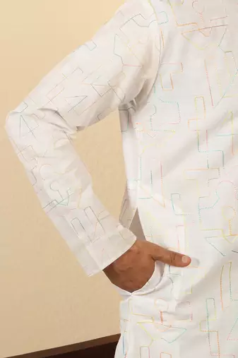 white cotton abstract thread work embroidered kurta