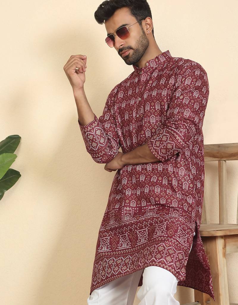 cotton blend ethnic motifs printed maroon kurta