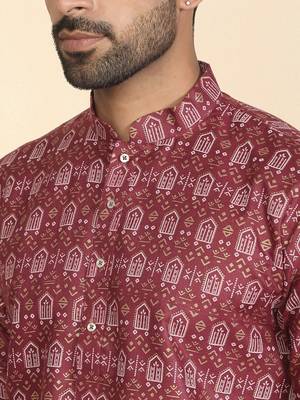 cotton blend ethnic motifs printed maroon kurta 2