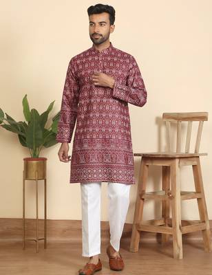 cotton blend ethnic motifs printed maroon kurta 5