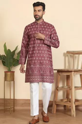 cotton blend ethnic motifs printed maroon kurta