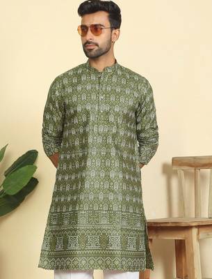 cotton blend ethnic motifs printed green kurta 1