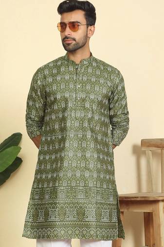 cotton blend ethnic motifs printed green kurta