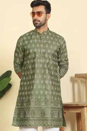 cotton blend ethnic motifs printed green kurta