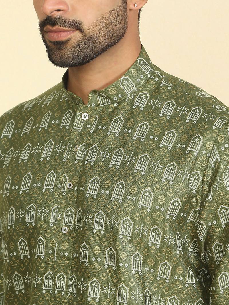 cotton blend ethnic motifs printed green kurta