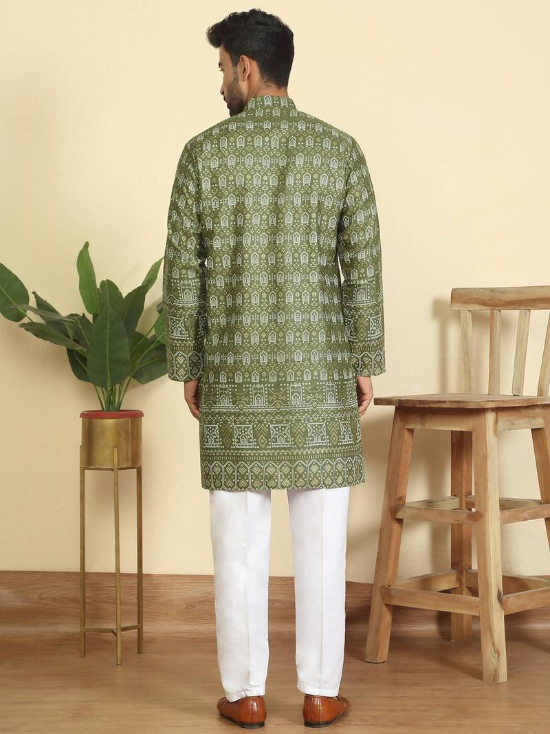 cotton blend ethnic motifs printed green kurta