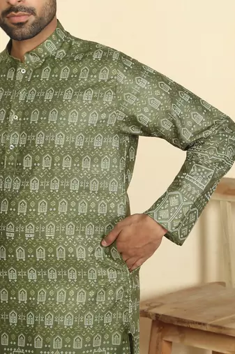 cotton blend ethnic motifs printed green kurta