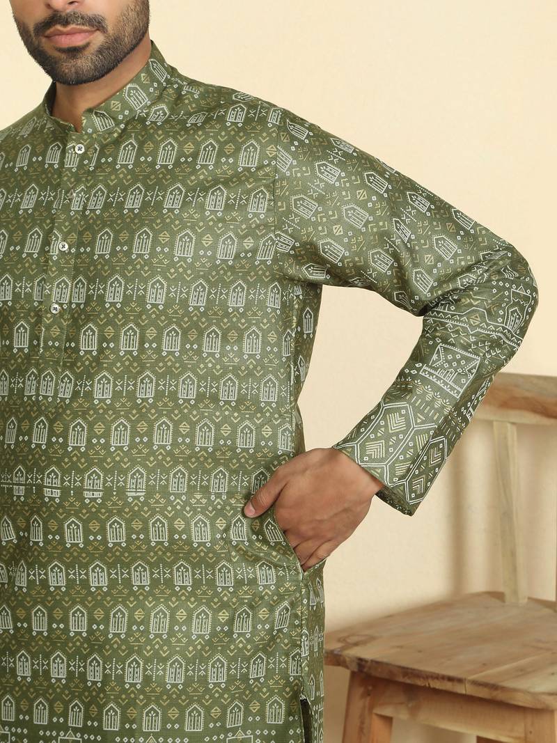 cotton blend ethnic motifs printed green kurta