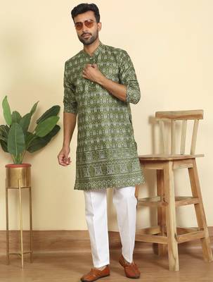 cotton blend ethnic motifs printed green kurta 5