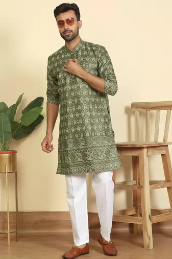 cotton blend ethnic motifs printed green kurta
