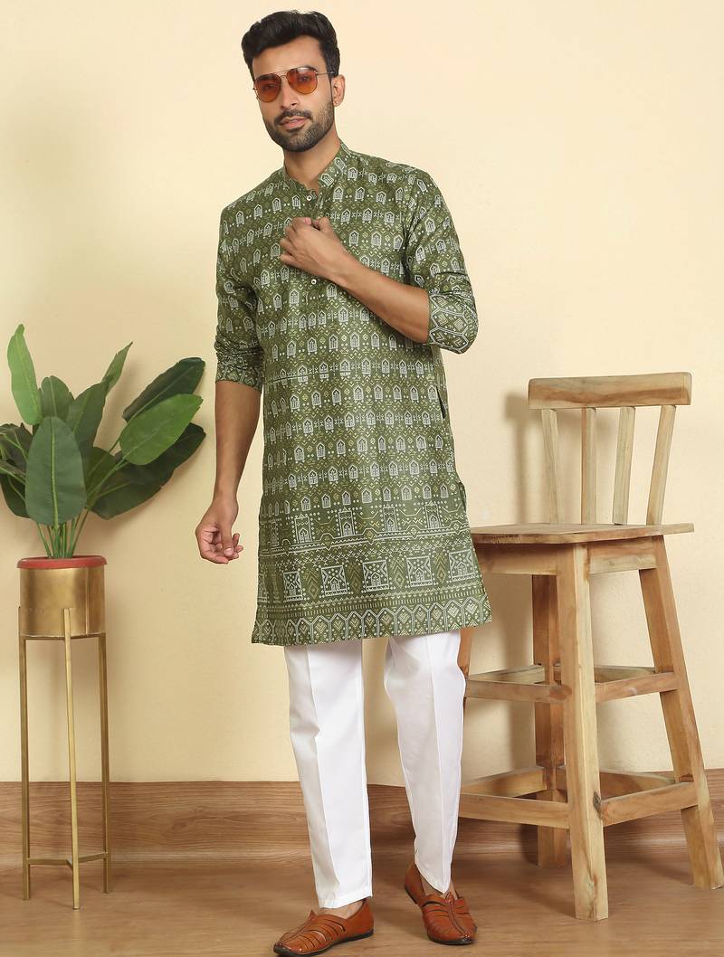 cotton blend ethnic motifs printed green kurta