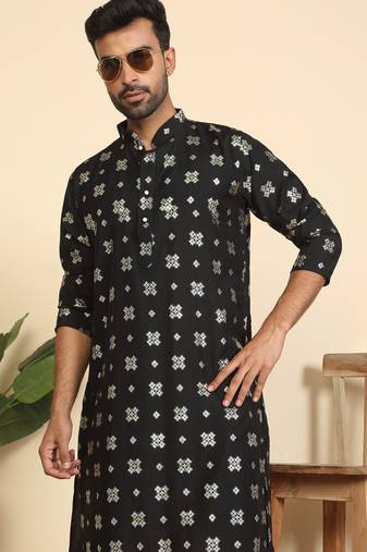 cotton silk printed black knee length kurta