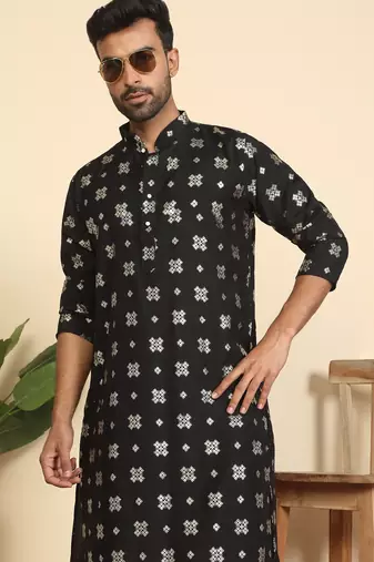 cotton silk printed black knee length kurta
