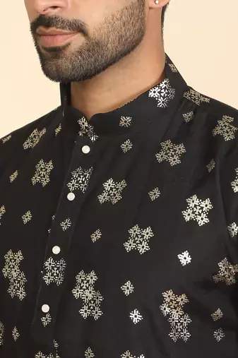 cotton silk printed black knee length kurta