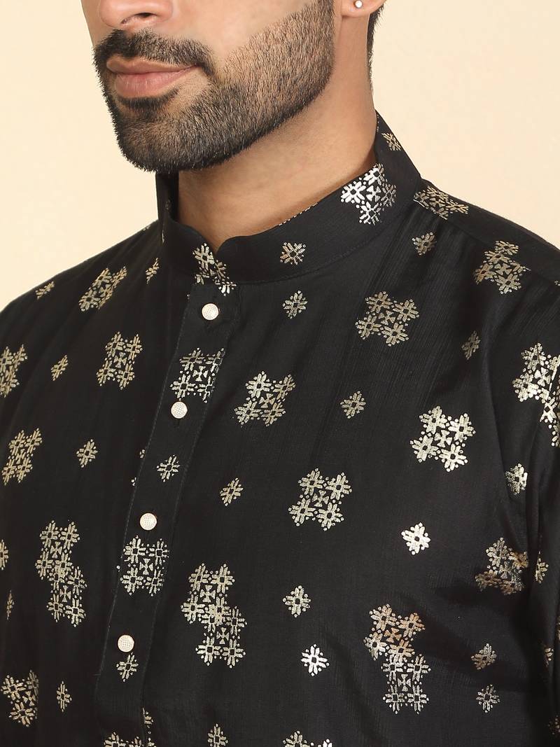 cotton silk printed black knee length kurta