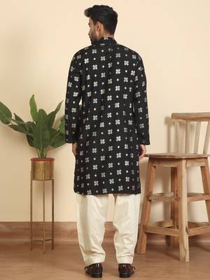 cotton silk printed black knee length kurta 3