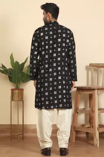 cotton silk printed black knee length kurta
